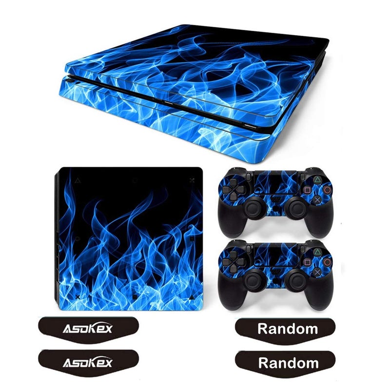 Asokex Ps4 Slim Stickers Full Body Vinyl Skin Decal Cover for PlayStation 4 Console Controllers (with 4pcs Led Lightbar Stickers) (Blue fire) - Image 1
